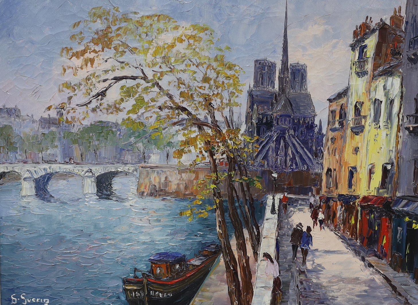 Georges Guerin (French, b.1910), oil on canvas, View along the Seine towards Notre Dame, signed, 45 x 59cm